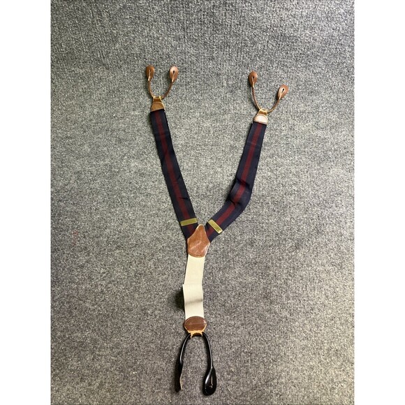 Vintage Brooks Brothers Burgundy & Navy Blue Striped Suspenders Leather - Picture 1 of 7